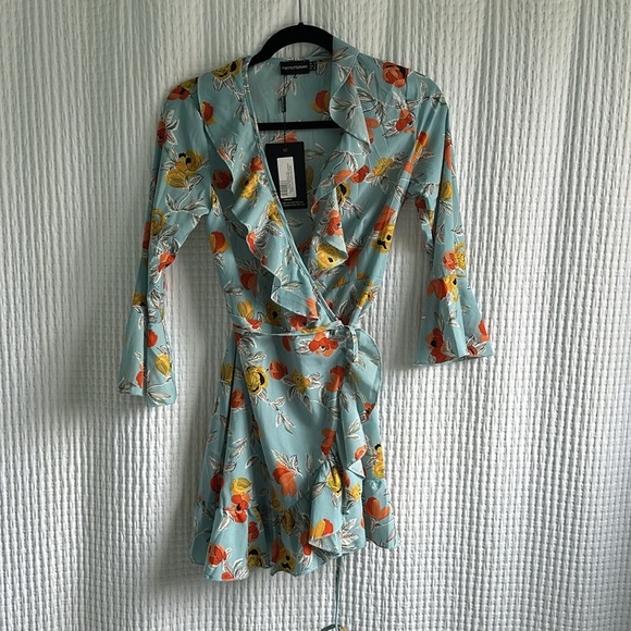 NWT Turquoise Floral Printed Frill Wrap Tea Dress - Picture 12 of 13